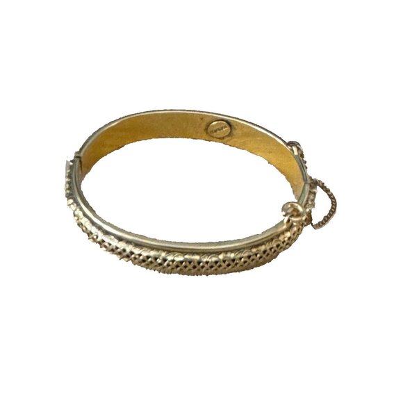 Vintage Freirich Goldplated Hinged Bangle Bracelet W/Safety Chain Germany 7" - Picture 1 of 7